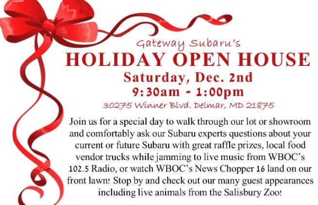 a holiday open house flyer with a red bow