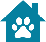 a blue house with a dog's paw print