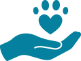 a blue hand holding a heart with paw prints